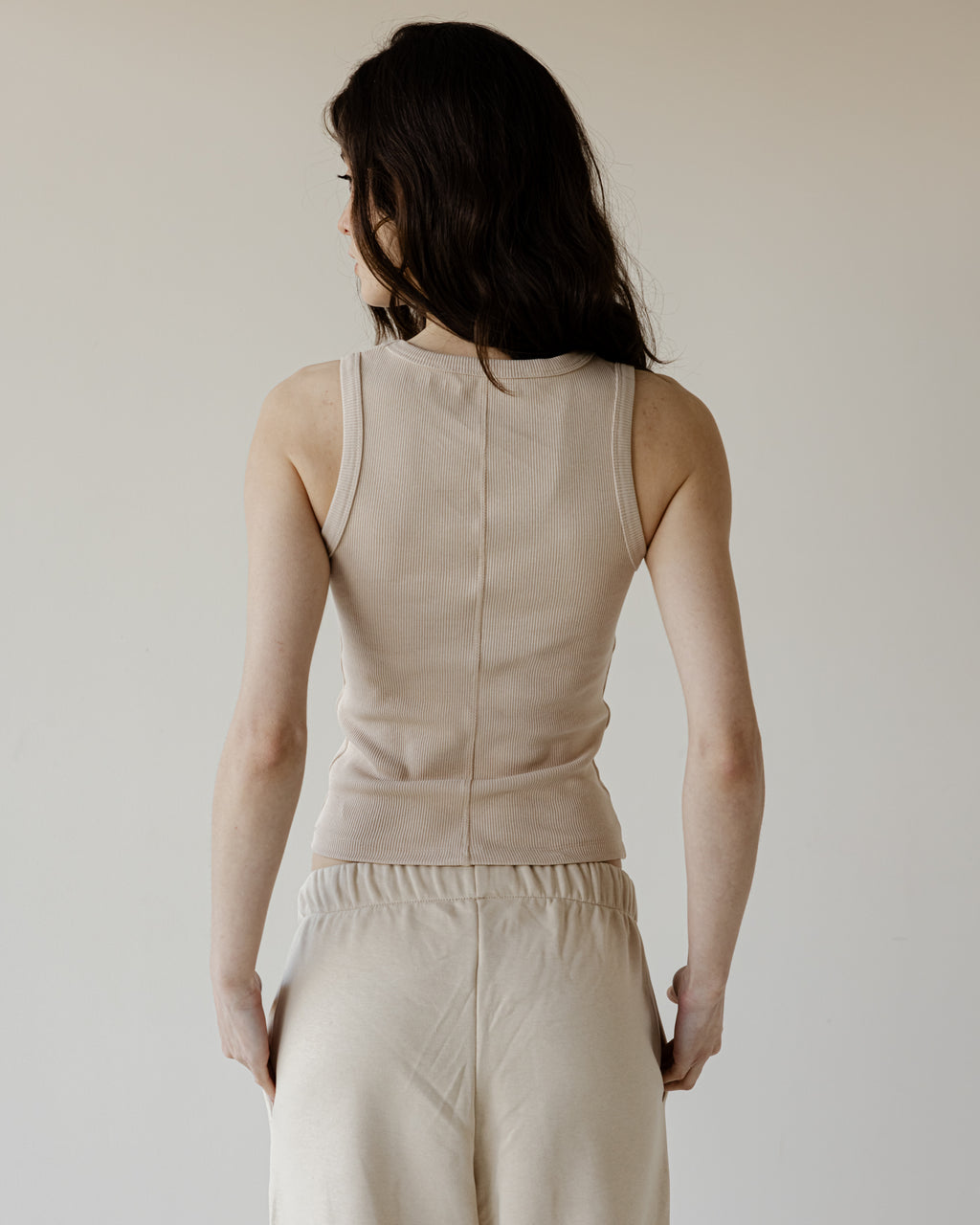 Beige Sleveless Round Tank