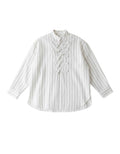FSociety white relaxed-fit shirt with vertical grey stripes and mandarin collar with toggle closures.