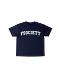 FSociety navy blue cotton t-shirt with white collegiate print, relaxed fit, on a woman wearing striped pants and a grey headband.