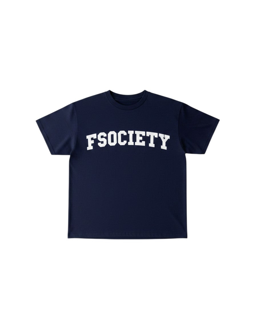 FSociety navy blue cotton t-shirt with white collegiate print, relaxed fit, on a woman wearing striped pants and a grey headband.
