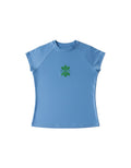 FSociety sky blue fitted baby tee with high neckline, cap sleeves, and green logo on chest.