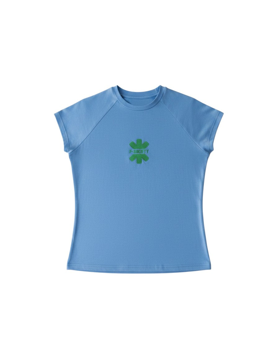 FSociety sky blue fitted baby tee with high neckline, cap sleeves, and green logo on chest.