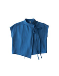 FSociety steel blue lightweight fabric wrap-front knot top with mock neck and cap sleeves.