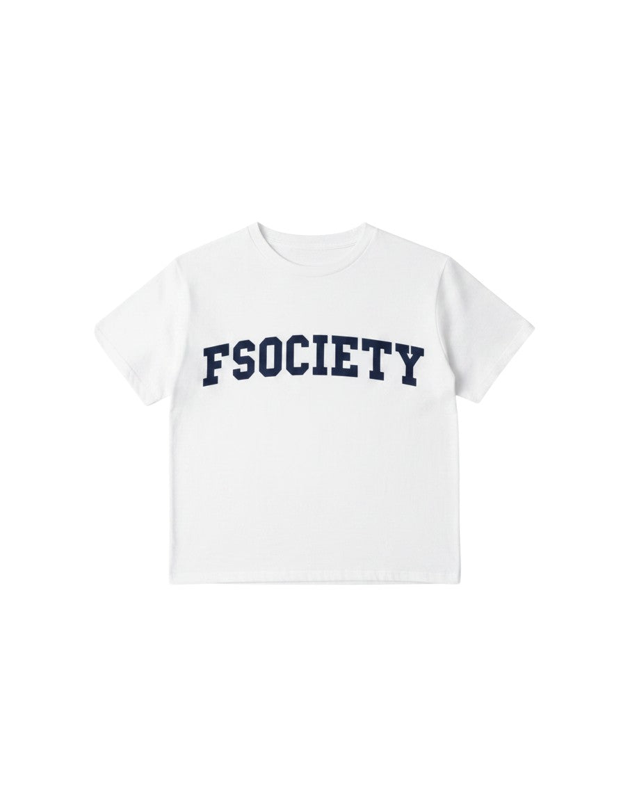 FSociety white classic oversized t-shirt with navy blue silkscreen print, relaxed fit, drop shoulder, and cropped length.