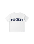 FSociety white classic oversized t-shirt with navy blue silkscreen print, relaxed fit, drop shoulder, and cropped length.