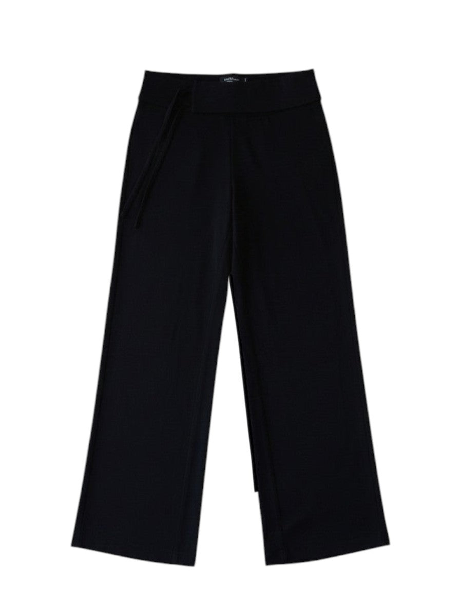 FSociety black wide-leg pants with fold-over waistband and multi-strand tie detail on hip, made from soft matte fabric.