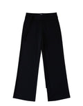 FSociety black wide-leg pants with fold-over waistband and multi-strand tie detail on hip, made from soft matte fabric.