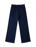 FSociety navy blue wide-leg pants with a fold-over waistband and decorative multi-strand tie detail on the hip.
