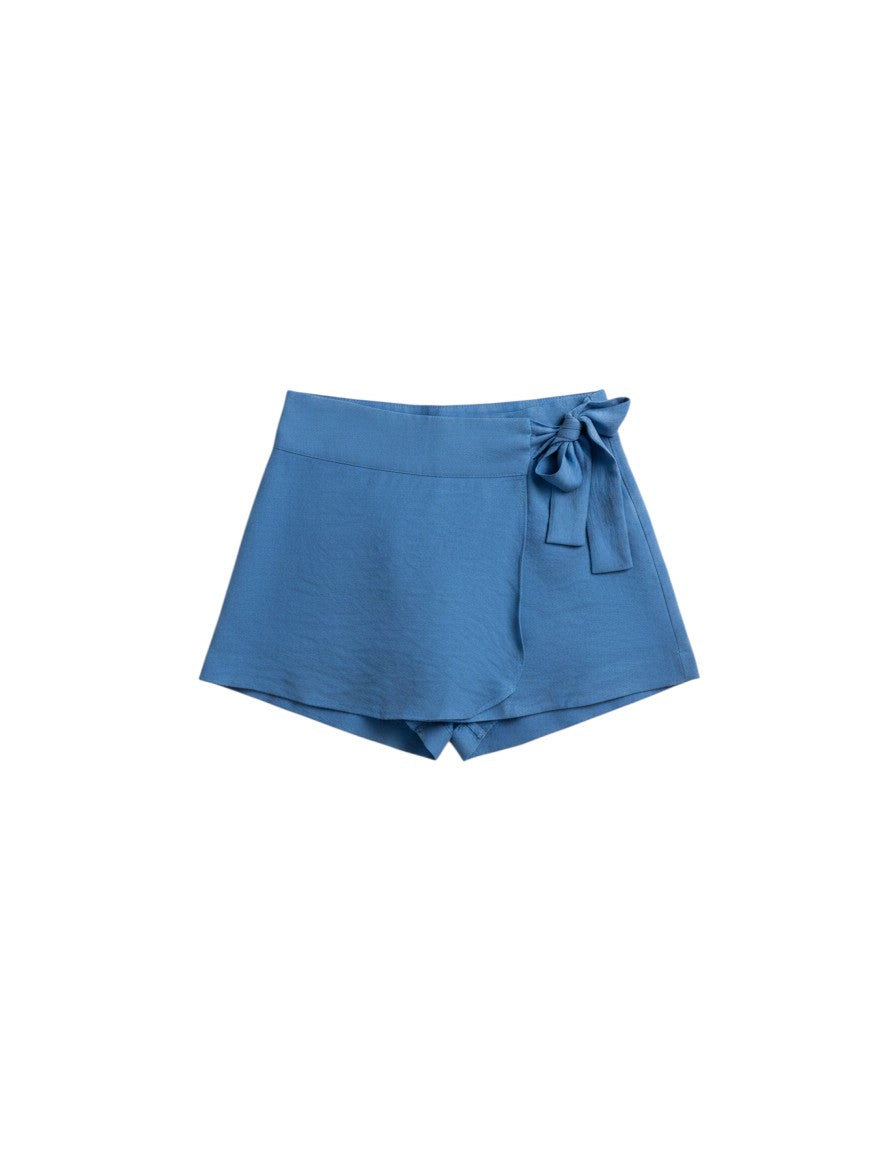 FSociety steel blue wrap-front skort with side tie and built-in shorts, high waist, lightweight fabric.