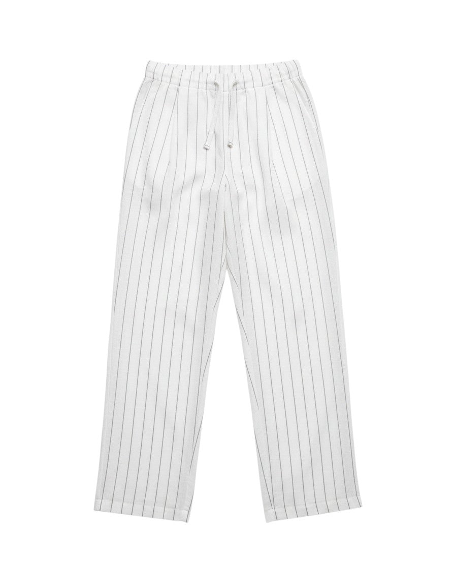 FSociety white and green pinstripe linen-blend wide-leg trousers with elasticated waistband and drawstring.