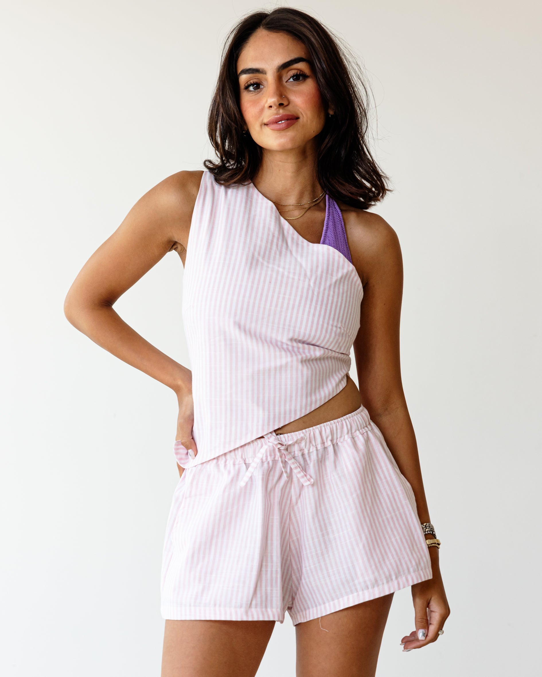Riviera Pink Stripe Top and Shorts - front